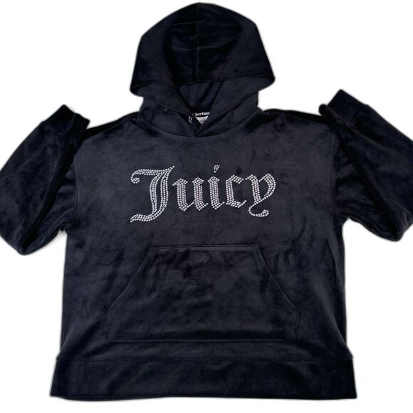 Juicy Couture OG Big Bling Velour Cropped Hoodie Womens Size M Black Silver - Picture 1 of 6